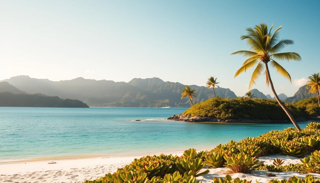 islands with white sand beaches, calm turquoise waters, and lush tropical vegetation in the foreground; in the middle ground, a few palm trees sway gently in the breeze, and in the background, a range of rugged, lush green mountains rise up against a bright, clear sky with just a few wispy clouds; the scene is bathed in warm, golden sunlight, creating a serene, idyllic atmosphere that evokes a sense of tranquility and escape; the camera angle is slightly elevated, capturing the full panoramic view of this peaceful coastal paradise islands with white sand beaches, calm turquoise waters, and lush tropical vegetation in the foreground; in the middle ground, a few palm trees sway gently in the breeze, and in the background, a range of rugged, lush green mountains rise up against a bright, clear sky with just a few wispy clouds; the scene is bathed in warm, golden sunlight, creating a serene, idyllic atmosphere that evokes a sense of tranquility and escape; the camera angle is slightly elevated, capturing the full panoramic view of this peaceful coastal paradise