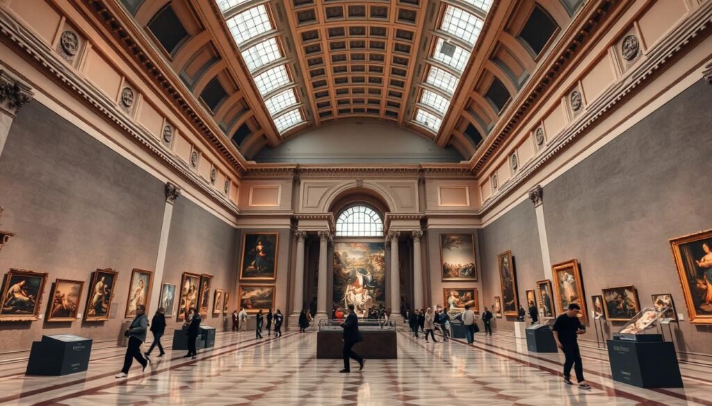 museum art, interior of a grand classical art museum with high ceilings, marble floors, and ornate columns, warm lighting illuminating the space, wide open galleries displaying various masterpieces from different eras and artistic movements, people leisurely wandering through the exhibits, capturing the serene and contemplative atmosphere of an immersive cultural experience