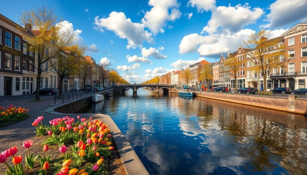 season guide canals in amsterdam, netherlands on a sunny spring day with blue skies and fluffy white clouds. cobblestone quays with colorful tulips, blossoming trees, and historic buildings reflected in the calm waters. a picturesque scene with a wide angle lens, capturing the iconic architecture, bridges, and boats along the tranquil canals. the atmosphere is serene and inviting, with warm natural lighting highlighting the vibrant colors and charming ambiance of the city.