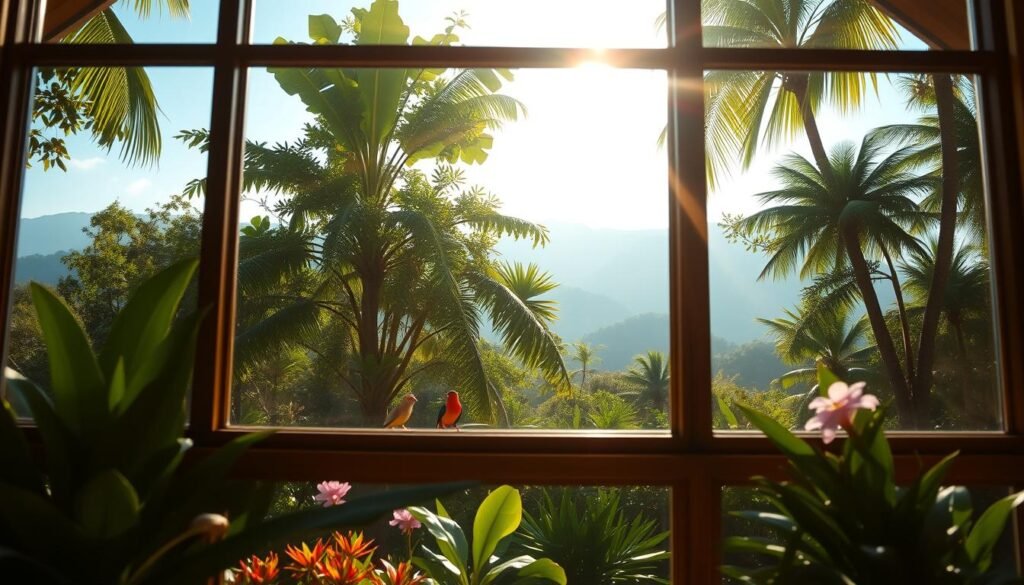 wide angle lens view of a lush tropical forest in costa rica, with light filtering through the dense foliage and creating a warm, golden glow. in the foreground, a large picture window frames a serene scene of native wildlife, such as colorful birds, monkeys, or sloths, basking in the natural light. the middle ground features a diverse array of vibrant flora, including exotic flowers and verdant plants. in the background, hazy blue mountains and a clear, azure sky create a picturesque and tranquil atmosphere. the overall composition evokes a sense of harmony between the built and natural environments, showcasing the stunning natural beauty of costa rica.