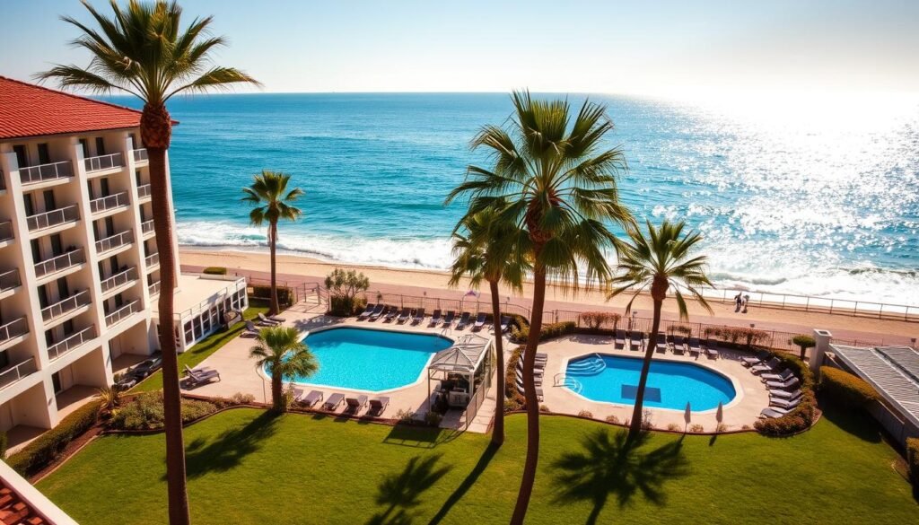 A beachfront Long Beach hotel with a stunning azure ocean view. The hotel's exterior is a classic California coastal design, with a white stucco facade and terracotta roof tiles. The foreground features a well-manicured lawn leading to a sparkling swimming pool, surrounded by plush lounge chairs. In the middle ground, palm trees sway gently in the ocean breeze, their fronds casting dappled shadows on the pool deck. The background showcases the vast, shimmering Pacific Ocean, with gentle waves lapping against the sandy shore. The scene is bathed in warm, golden sunlight, creating a serene and inviting atmosphere.