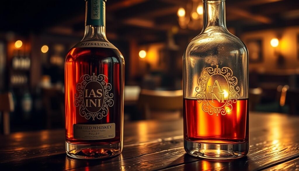A bottle of smooth, amber-colored Irish whiskey sits on a dark wooden table, reflecting the warm glow of a nearby fireplace. Shimmering light dances across the glass, highlighting the intricate embossed label. In the background, a hazy silhouette of an old Irish pub, with its weathered wooden beams and cozy atmosphere, sets the scene. The overall mood is one of refined elegance, hinting at the rich history and tradition of Irish whiskey-making. A bottle of smooth, amber-colored Irish whiskey sits on a dark wooden table, reflecting the warm glow of a nearby fireplace. Shimmering light dances across the glass, highlighting the intricate embossed label. In the background, a hazy silhouette of an old Irish pub, with its weathered wooden beams and cozy atmosphere, sets the scene. The overall mood is one of refined elegance, hinting at the rich history and tradition of Irish whiskey-making.