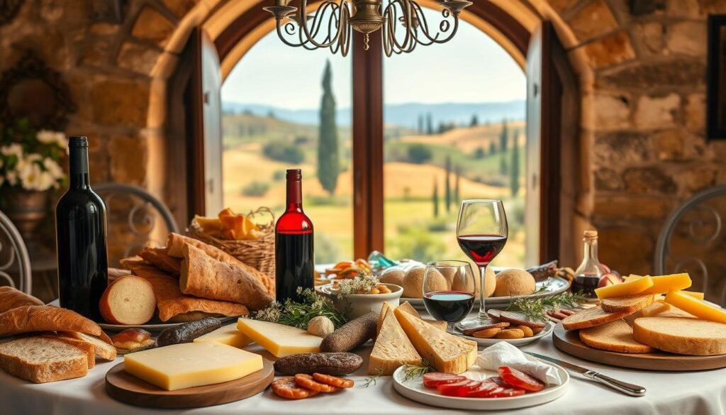 A bountiful table set with a feast of Tuscan delicacies - fresh baked bread, aged cheeses, cured meats, and a decanter of deep, ruby red wine. Soft, warm lighting casts a cozy glow across the scene, with an ornate chandelier hanging overhead. In the background, an arched stone window frames a picturesque Tuscan countryside, rolling hills dotted with cypress trees. On the tabletop, delicate flowers and sprigs of greenery add a touch of elegance. The atmosphere is one of indulgence, conviviality, and appreciation for the best that the region has to offer. A bountiful table set with a feast of Tuscan delicacies - fresh baked bread, aged cheeses, cured meats, and a decanter of deep, ruby red wine. Soft, warm lighting casts a cozy glow across the scene, with an ornate chandelier hanging overhead. In the background, an arched stone window frames a picturesque Tuscan countryside, rolling hills dotted with cypress trees. On the tabletop, delicate flowers and sprigs of greenery add a touch of elegance. The atmosphere is one of indulgence, conviviality, and appreciation for the best that the region has to offer.