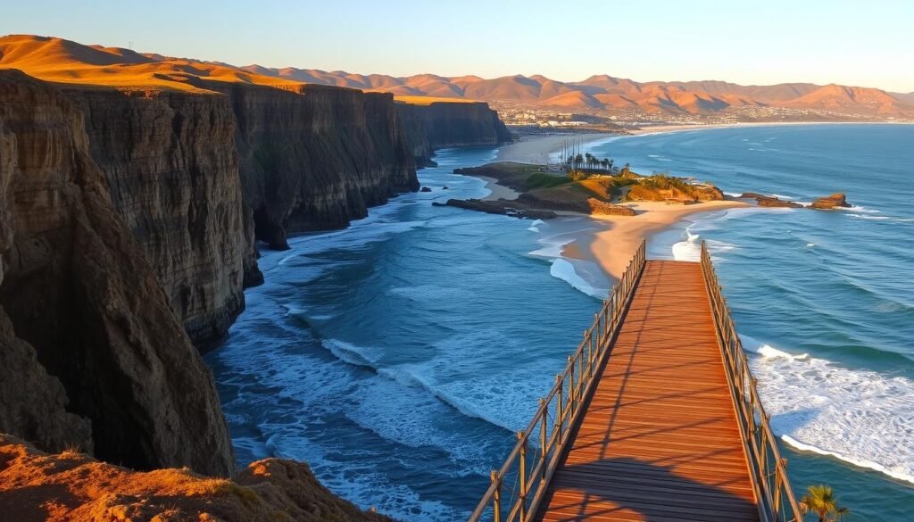 A breathtaking California coastline, bathed in the warm glow of a golden sunset. Towering cliffs plunge dramatically into the azure Pacific, their rugged edges softened by the gentle lapping of waves. In the foreground, a picturesque pier extends into the distance, its wooden planks and weathered railings inviting exploration. Beyond, a panorama of pristine beaches, dotted with swaying palm trees and framed by rolling hills in the distance. The scene is suffused with a sense of tranquility and wonder, capturing the essence of California's stunning coastal landscapes.