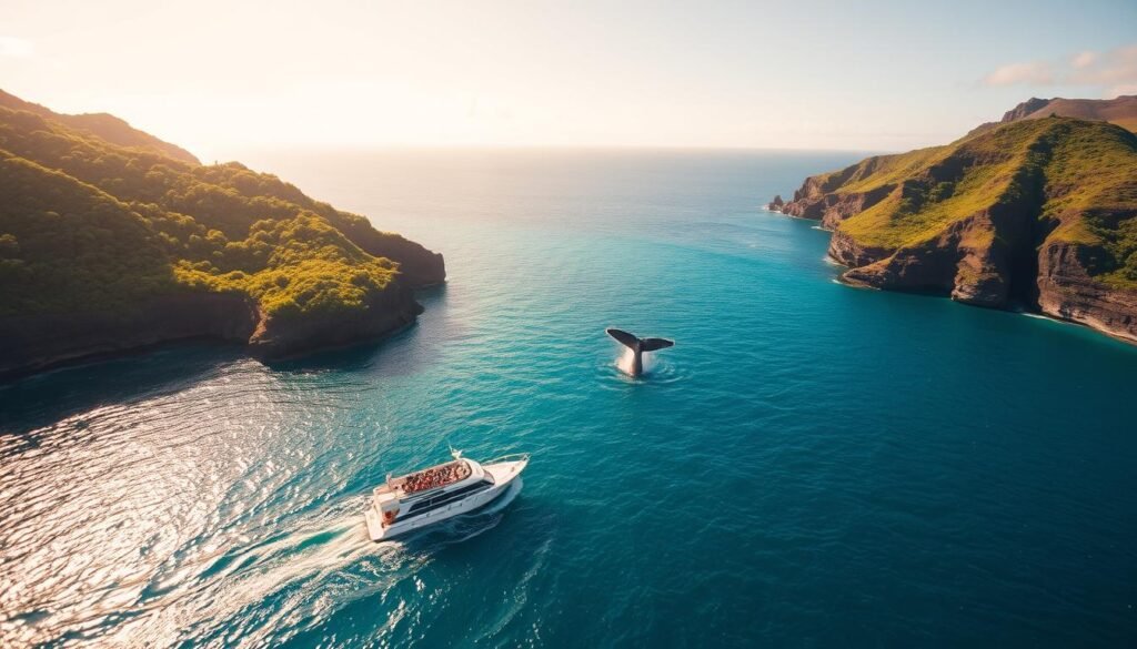 A breathtaking aerial scene of whale watching on the Kona coast, Hawaii. In the foreground, a small boat bobs gently on the turquoise waters, its passengers eagerly scanning the horizon for signs of the majestic marine giants. In the middle ground, a pod of humpback whales breach the surface, their enormous bodies glistening in the warm, golden sunlight. The rugged, verdant coastline forms a stunning backdrop, with lush tropical foliage cascading down the cliffs. The image is imbued with a sense of peaceful wonder, capturing the magic and tranquility of this intimate encounter with nature. The scene is shot with a wide-angle lens, emphasizing the vastness of the ocean and the scale of the whales. The lighting is soft and diffuse, creating a serene, dreamlike atmosphere.
