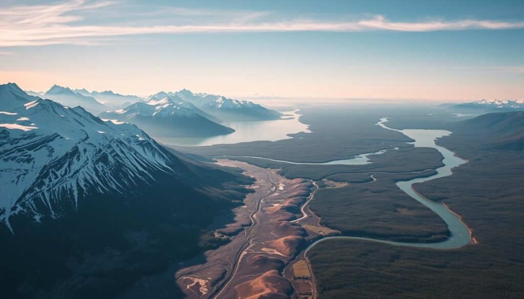 A breathtaking aerial view of Alaska's majestic landscape, captured through the lens of a wide-angle camera. In the foreground, towering snow-capped mountains rise majestically, their peaks piercing the azure sky. The middle ground is dominated by a pristine glacial lake, its waters reflecting the surrounding peaks and the vibrant hues of the tundra. In the distance, a winding river snakes through the rugged terrain, surrounded by lush boreal forests that seem to stretch on forever. The lighting is soft and diffused, casting a warm, golden glow over the entire scene, conveying a sense of tranquility and timelessness. This image perfectly encapsulates the allure of Alaska's untamed wilderness, inviting the viewer to embark on an unforgettable journey into the heart of the "Last Frontier."