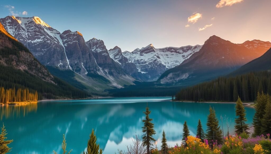 A breathtaking alpine landscape of Banff National Park, nestled amidst the majestic Canadian Rockies. In the foreground, a serene turquoise lake reflects the towering snow-capped peaks that rise up on the horizon. Lush green forests line the shore, dotted with vibrant wildflowers. The golden light of the setting sun casts a warm, ethereal glow over the entire scene, creating a sense of tranquility and timeless beauty. Capture the essence of Banff's awe-inspiring natural wonders, with a wide-angle lens that showcases the park's grand scale and dramatic vistas. A breathtaking alpine landscape of Banff National Park, nestled amidst the majestic Canadian Rockies. In the foreground, a serene turquoise lake reflects the towering snow-capped peaks that rise up on the horizon. Lush green forests line the shore, dotted with vibrant wildflowers. The golden light of the setting sun casts a warm, ethereal glow over the entire scene, creating a sense of tranquility and timeless beauty. Capture the essence of Banff's awe-inspiring natural wonders, with a wide-angle lens that showcases the park's grand scale and dramatic vistas.