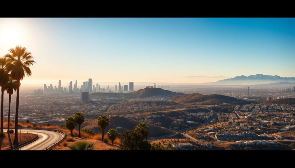 A breathtaking cityscape of Los Angeles, captured from a scenic overlook. The sun casts a warm glow over the bustling metropolis, illuminating the iconic skyscrapers and towering palm trees that dot the skyline. In the foreground, a winding road leads the eye towards the heart of the city, where a tapestry of diverse neighborhoods and vibrant cultural attractions come to life. The mid-ground is punctuated by the distinctive Hollywood sign, perched atop the rolling hills, while the distant mountains provide a majestic backdrop, their peaks capped with a dusting of snow. The image conveys a sense of energy and possibility, inviting the viewer to explore the endless possibilities that this vibrant city has to offer. A breathtaking cityscape of Los Angeles, captured from a scenic overlook. The sun casts a warm glow over the bustling metropolis, illuminating the iconic skyscrapers and towering palm trees that dot the skyline. In the foreground, a winding road leads the eye towards the heart of the city, where a tapestry of diverse neighborhoods and vibrant cultural attractions come to life. The mid-ground is punctuated by the distinctive Hollywood sign, perched atop the rolling hills, while the distant mountains provide a majestic backdrop, their peaks capped with a dusting of snow. The image conveys a sense of energy and possibility, inviting the viewer to explore the endless possibilities that this vibrant city has to offer.