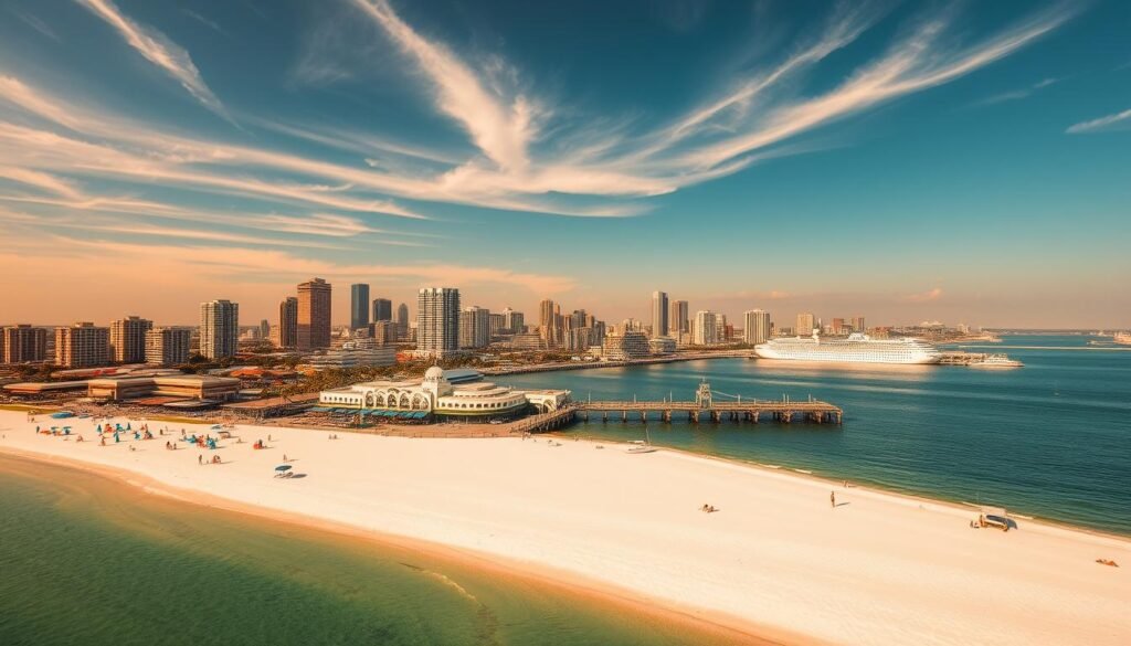 A breathtaking cityscape of St. Petersburg, Florida, bathed in warm golden sunlight. In the foreground, a pristine white sand beach stretches out, dotted with colorful umbrellas and beachgoers enjoying the crystal-clear waters of the Gulf of Mexico. In the middle ground, the iconic Pier 60 and its surrounding shops and restaurants stand tall, their Mediterranean-inspired architecture reflecting in the sparkling bay. Beyond, the majestic skyline of St. Petersburg rises, its modern high-rises and historic landmarks blending together in a harmonious panorama. Wispy clouds drift overhead, adding to the serene, relaxed atmosphere. This vibrant, family-friendly destination captures the essence of Florida's Gulf Coast, inviting visitors to immerse themselves in its art, culture, and natural beauty.