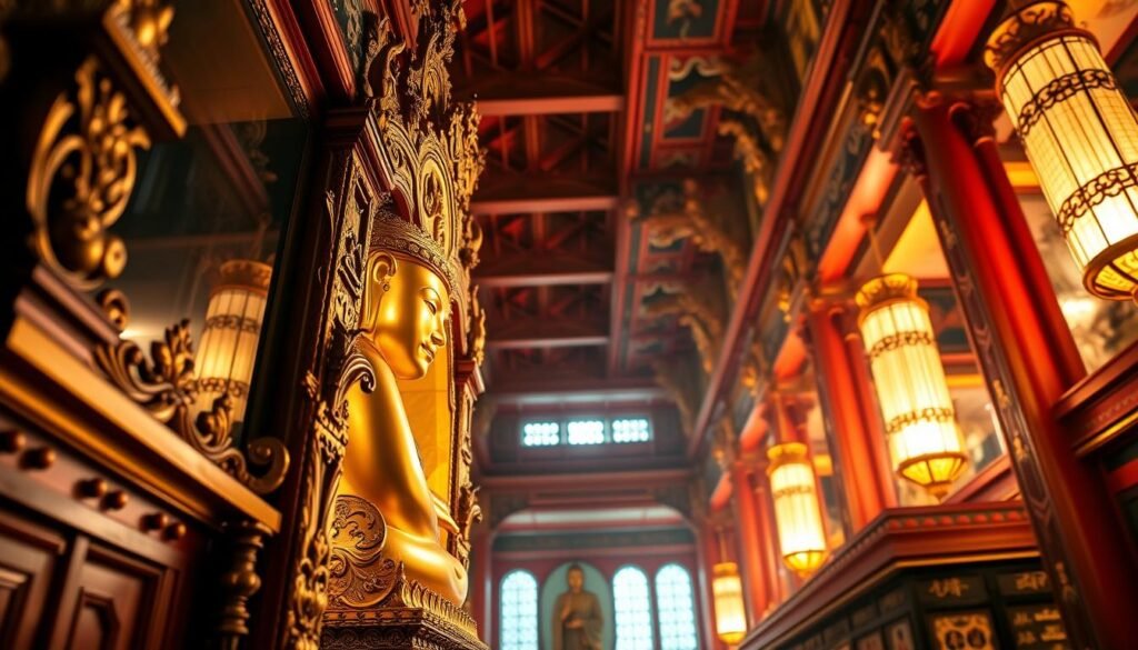 A breathtaking close-up of the revered Buddha Tooth Relic housed within the majestic Buddha Tooth Relic Temple in Singapore's vibrant Chinatown district. The gilded reliquary, bathed in warm, ambient lighting, glimmers with an otherworldly aura, exuding a sense of profound spiritual significance. The intricate architectural details of the temple's interior, adorned with intricate carvings and ornate flourishes, create a serene and contemplative atmosphere. The image captures the essence of this hallowed site, where devotees come to pay their respects and seek enlightenment, seamlessly blending the sacred and the sublime.