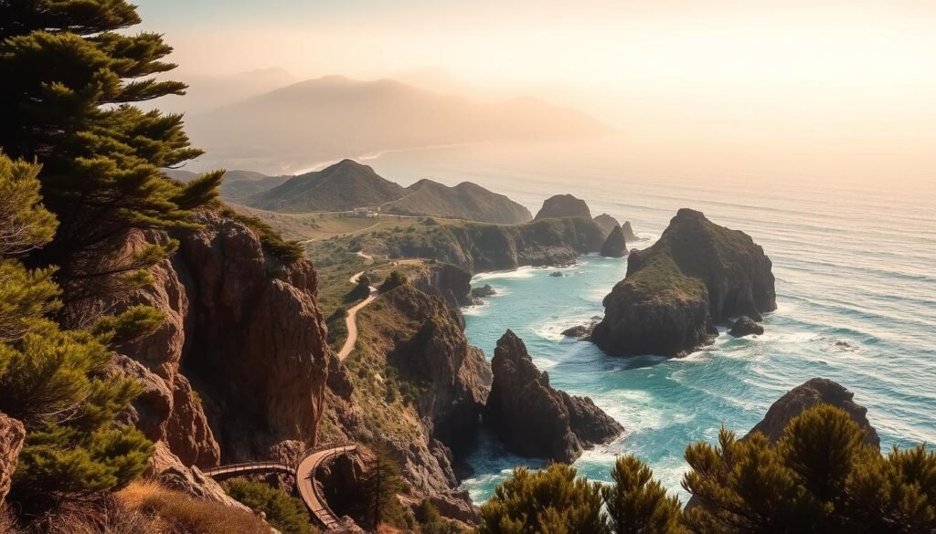 A breathtaking coastal scene at Point Lobos, California, showcasing its rugged beauty. In the foreground, dramatic rock formations jut out from the azure waters, carved by the relentless waves. Lush, verdant foliage clings to the cliffs, contrasting with the sun-dappled ocean. In the middle ground, a winding trail leads hikers through the serene, natural landscape, inviting exploration. The background is framed by distant, rolling hills blanketed in a hazy, golden light, creating a tranquil and picturesque atmosphere. Captured with a wide-angle lens to convey the grand scale and splendor of this pristine, protected state natural reserve.
