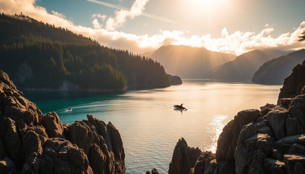 A breathtaking coastal vista along Johnstone Strait, British Columbia. In the foreground, rugged granite cliffs plunge into the deep, turquoise waters, where a pod of majestic orcas gracefully breaches the surface. The middle ground features a serene kayaker gliding effortlessly through the calm strait, surrounded by lush, evergreen forests that cloak the rolling hills in the background. Warm, golden sunlight filters through wispy clouds, casting a soft, ethereal glow over the entire scene. The atmosphere exudes a sense of tranquility and wonder, inviting the viewer to immerse themselves in the untamed beauty of Canada's stunning coastal wilderness. A breathtaking coastal vista along Johnstone Strait, British Columbia. In the foreground, rugged granite cliffs plunge into the deep, turquoise waters, where a pod of majestic orcas gracefully breaches the surface. The middle ground features a serene kayaker gliding effortlessly through the calm strait, surrounded by lush, evergreen forests that cloak the rolling hills in the background. Warm, golden sunlight filters through wispy clouds, casting a soft, ethereal glow over the entire scene. The atmosphere exudes a sense of tranquility and wonder, inviting the viewer to immerse themselves in the untamed beauty of Canada's stunning coastal wilderness.