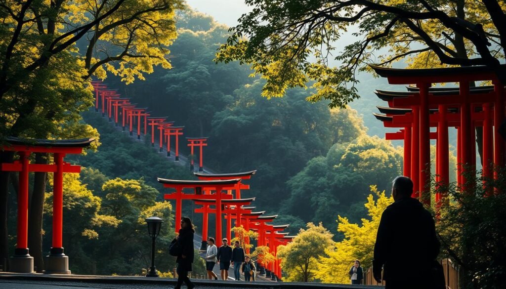A breathtaking early morning view of Fushimi Inari Shrine in Kyoto, Japan. The iconic vermilion torii gates wind up the lush, forested hillside, creating a captivating visual rhythm. Soft, diffused sunlight filters through the canopy, casting warm, golden hues across the scene. In the foreground, a lone visitor pauses to take in the serene atmosphere, their silhouette adding a sense of scale and human presence. The middle ground features the iconic torii gates stretching into the distance, while the background showcases the verdant, rolling hills surrounding the shrine. The overall mood is one of tranquility, cultural significance, and the harmonious blending of nature and human-made elements.