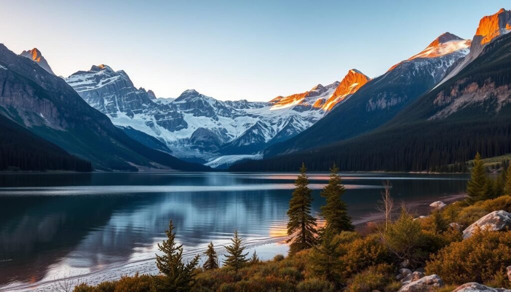 A breathtaking landscape of Glacier National Park, Montana. In the foreground, a serene alpine lake reflects the rugged, snow-capped peaks of the Rocky Mountains. Towering glaciers and ancient forests line the distant horizon, bathed in the warm glow of the setting sun. The scene exudes a sense of majestic tranquility, inviting the viewer to immerse themselves in the untamed beauty of this natural wonder. Captured with a wide-angle lens, the image showcases the park's diverse and awe-inspiring terrain, from the shimmering waters to the dramatic rock formations and lush vegetation. The overall mood is one of awe and reverence for the untamed wilderness of this iconic American landscape.