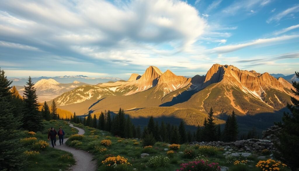 A breathtaking landscape of the Bridger Mountain Range, with a winding trail leading through lush evergreen forests and vibrant wildflowers. The foreground features a group of hikers trekking along the path, their silhouettes casting long shadows in the warm afternoon light. The middle ground reveals dramatic rock formations and towering peaks, bathed in a soft, golden glow. In the distance, the background showcases the vast, open sky, peppered with wispy clouds that cast gentle shadows across the terrain. The overall scene evokes a sense of adventure, tranquility, and the undeniable beauty of the Bozeman wilderness. A breathtaking landscape of the Bridger Mountain Range, with a winding trail leading through lush evergreen forests and vibrant wildflowers. The foreground features a group of hikers trekking along the path, their silhouettes casting long shadows in the warm afternoon light. The middle ground reveals dramatic rock formations and towering peaks, bathed in a soft, golden glow. In the distance, the background showcases the vast, open sky, peppered with wispy clouds that cast gentle shadows across the terrain. The overall scene evokes a sense of adventure, tranquility, and the undeniable beauty of the Bozeman wilderness.