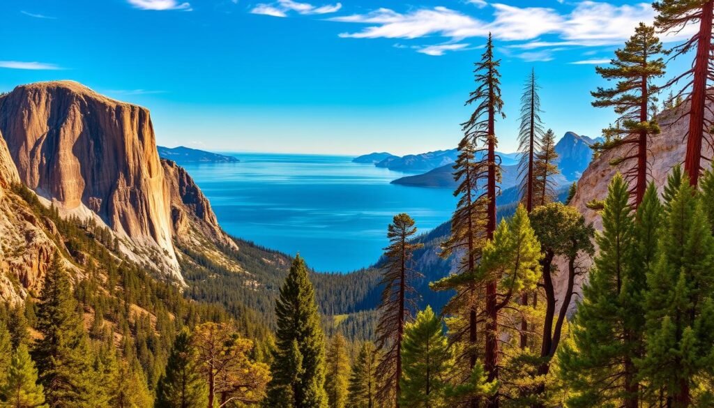 A breathtaking panorama of Northern California's iconic landscapes. In the foreground, the majestic granite cliffs of Yosemite National Park rise majestically, their rugged peaks bathed in warm golden light. In the middle ground, the serene azure waters of Lake Tahoe glisten, surrounded by lush evergreen forests. In the distance, the towering redwood trees of the Redwood National and State Parks stand tall, their crimson-hued trunks reaching towards the heavens. The scene is filled with a sense of tranquility and awe, captured through a wide-angle lens that showcases the grandeur and natural beauty of this remarkable region.