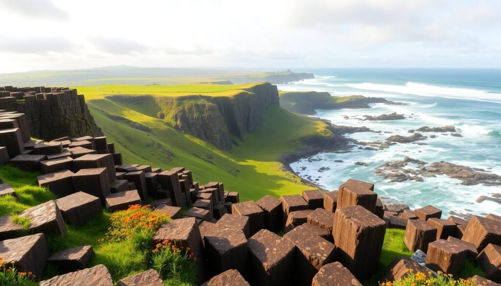 A breathtaking panorama of the iconic Giant's Causeway, Northern Ireland's natural wonder. In the foreground, the hexagonal basalt columns rise majestically from the rugged coastline, their geometric patterns casting dramatic shadows. The middle ground reveals the gentle rolling hills and lush green meadows, dotted with vibrant wildflowers. In the distance, the turbulent Atlantic waves crash against the rocky shores, creating a symphony of sound and motion. The scene is bathed in a warm, golden light, evoking a sense of timeless tranquility. A wide-angle lens captures the grandeur of this geological masterpiece, showcasing the breathtaking vistas that have captivated visitors for centuries.
