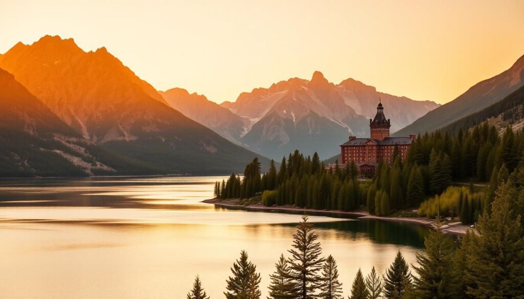 A breathtaking panoramic view of Waterton Lake, nestled amidst the majestic Rocky Mountains. The serene waters reflect the rugged peaks, bathed in warm golden light as the sun dips below the horizon. Lush evergreen forests line the shore, creating a picturesque and peaceful atmosphere. In the distance, the iconic Waterton Park Lodge stands tall, its grand architecture a testament to the region's natural beauty. The scene is captured through a wide-angle lens, highlighting the scale and grandeur of this cross-border gem shared between Canada and the United States. The overall mood is one of tranquility and awe, inviting the viewer to immerse themselves in the unspoiled wonder of Waterton-Glacier International Peace Park. A breathtaking panoramic view of Waterton Lake, nestled amidst the majestic Rocky Mountains. The serene waters reflect the rugged peaks, bathed in warm golden light as the sun dips below the horizon. Lush evergreen forests line the shore, creating a picturesque and peaceful atmosphere. In the distance, the iconic Waterton Park Lodge stands tall, its grand architecture a testament to the region's natural beauty. The scene is captured through a wide-angle lens, highlighting the scale and grandeur of this cross-border gem shared between Canada and the United States. The overall mood is one of tranquility and awe, inviting the viewer to immerse themselves in the unspoiled wonder of Waterton-Glacier International Peace Park.