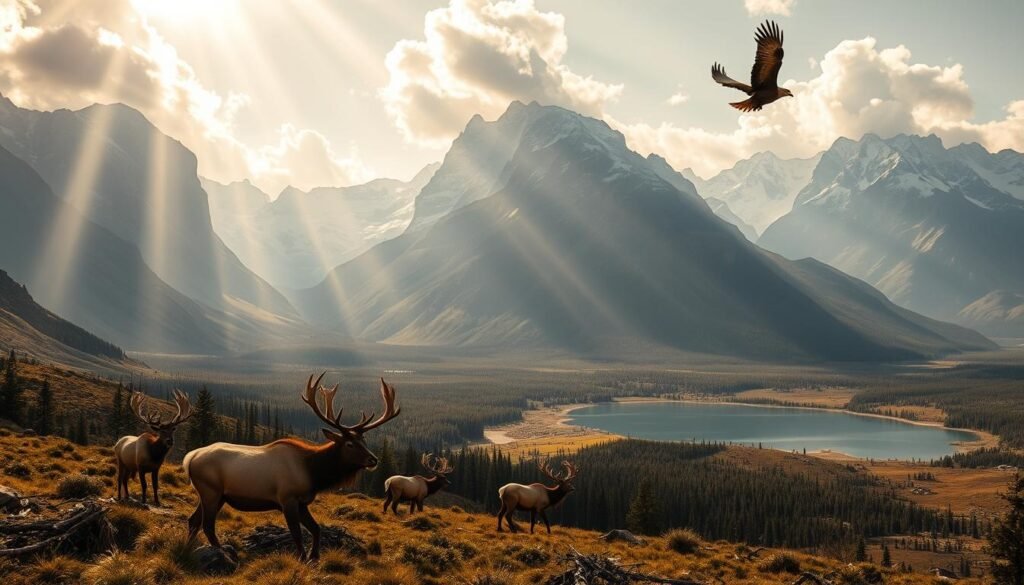 A breathtaking panoramic view of a rugged, untamed wilderness landscape. In the foreground, a herd of majestic elk graze peacefully, their antlers reaching skyward. Towering, snow-capped peaks rise in the middle ground, their jagged silhouettes casting long shadows across the lush, verdant valleys below. Rays of golden sunshine filter through wispy clouds, illuminating the scene with a warm, ethereal glow. A crystal-clear mountain lake reflects the surrounding beauty, its mirror-like surface interrupted only by the graceful movements of a soaring eagle. The overall atmosphere is one of awe-inspiring natural wonder, beckoning the adventurous spirit to explore and discover the hidden treasures of this untamed realm.