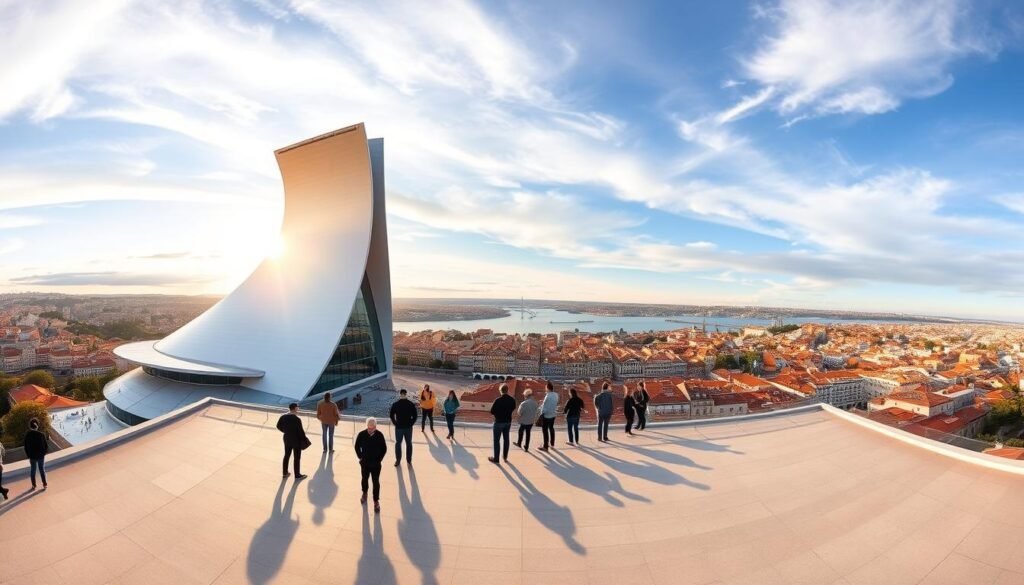A breathtaking panoramic view of the iconic MAAT (Museum of Art, Architecture and Technology) rooftop in Lisbon, Portugal. The sleek, curvaceous architecture of the building stands tall against a vibrant sky, its gleaming white facade reflecting the warm golden light of the setting sun. In the foreground, a group of people leisurely take in the sweeping vistas of the Tagus River and the historic city skyline beyond, casting long shadows across the rooftop's expansive terrace. A sense of tranquility and wonder fills the air, inviting the viewer to imagine themselves immersed in this captivating urban landscape.