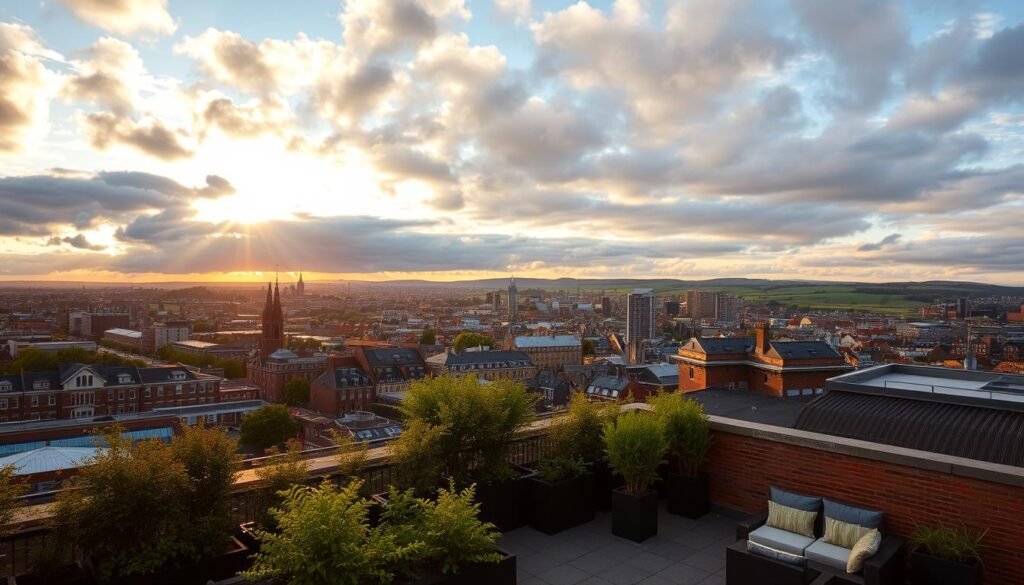 A breathtaking rooftop panorama of Dublin's iconic skyline, bathed in the warm golden glow of sunset. In the foreground, a cozy urban terrace with lush greenery and comfortable seating invites visitors to soak in the scenic vistas. The middle ground reveals the city's eclectic architecture, from historic cathedrals to modern skyscrapers, all silhouetted against a vibrant, dramatically lit sky. In the distance, the rolling hills and lush greenery of the Irish countryside peek through, creating a serene and picturesque backdrop. The overall atmosphere is one of tranquility and contemplation, perfectly capturing the essence of Dublin's rooftop moments.