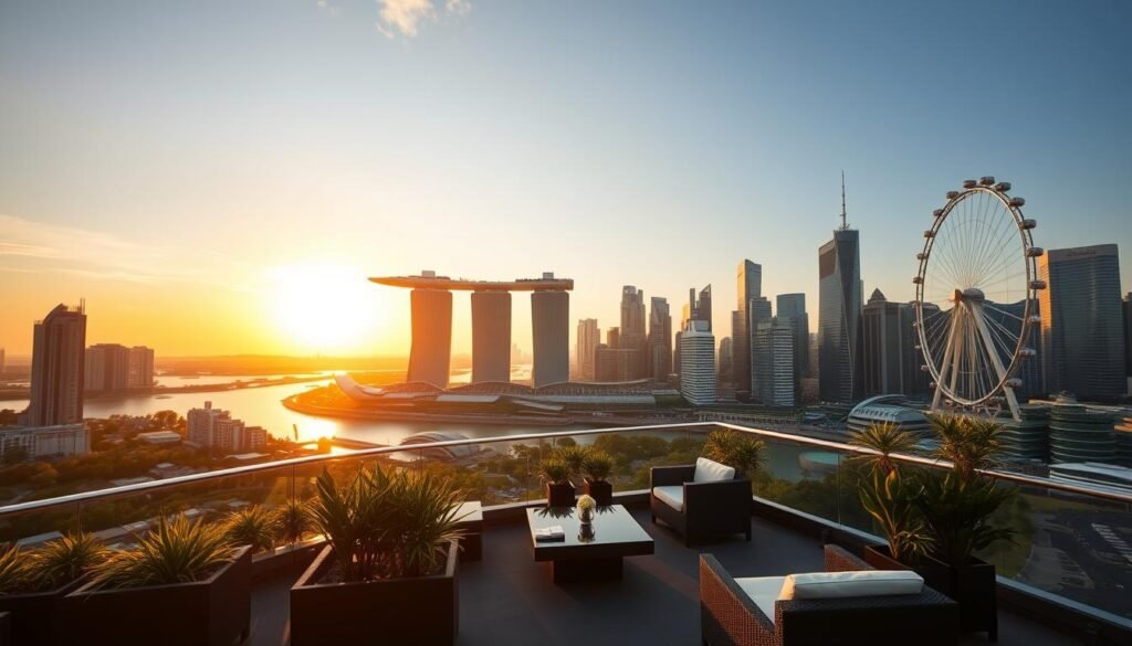 A breathtaking skyline of Singapore's iconic skyscrapers, bathed in the warm glow of a golden sunset. In the foreground, a rooftop terrace with sleek modern furniture and lush potted plants, offering a panoramic view of the vibrant city below. The middle ground showcases the distinctive Marina Bay Sands complex, its three towers and shimmering infinity pool standing tall against the horizon. In the background, the Singapore Flyer ferris wheel and the striking silhouettes of the city's landmarks create a sense of depth and scale. Soft natural lighting illuminates the scene, casting long shadows and creating a serene, contemplative atmosphere perfect for enjoying the Singapore cityscape from a lofty vantage point.
