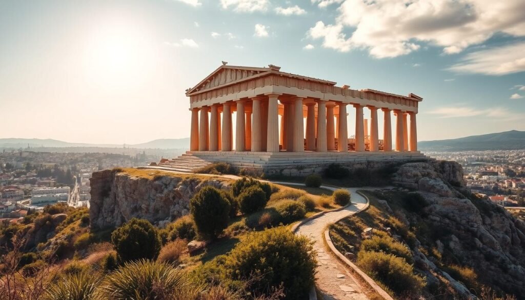 A breathtaking view of the iconic Acropolis Parthenon, the ancient temple perched atop the towering rock formation. The sun casts a warm, golden glow over the stately columns and intricate architectural details, inviting the viewer to bask in the timeless grandeur of this ancient wonder. In the foreground, lush vegetation and winding pathways lead the eye towards the magnificent structure, while the background is framed by a panoramic vista of the historic city of Athens, its rooftops and winding streets creating a captivating contrast. The overall scene evokes a sense of awe and reverence, perfectly capturing the essence of this must-see destination.