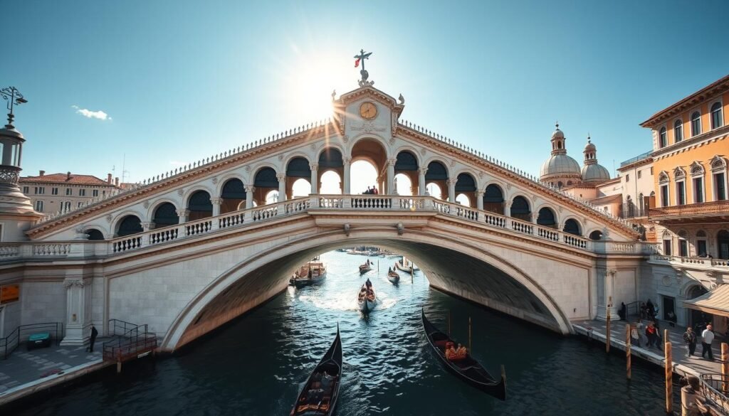 A breathtaking view of the iconic Rialto Bridge spanning the Grand Canal in the heart of historic Venice. Sunlight dances across the iconic arched structure, casting a warm glow on the surrounding buildings and gondolas gently gliding beneath. The foreground features intricate stone detailing and ornate architecture, while the middle ground showcases the bustling activity of the canal with people and boats moving about. In the background, the iconic domes and towers of Venice's skyline create a picturesque setting. The image is captured with a wide-angle lens to emphasize the grand scale and architectural splendor of this beloved Venetian landmark.