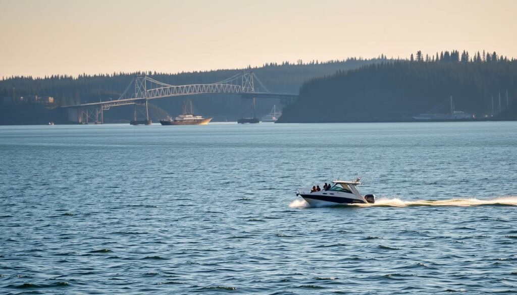 A breathtaking vista of Lake Superior, its serene waters glistening under the warm, golden hues of the sun. In the foreground, a sleek charter boat glides effortlessly across the lake, its passengers taking in the stunning panoramic views. The middle ground features the iconic Aerial Lift Bridge, its steel structure a testament to the region's maritime heritage. In the distance, the rugged, pine-clad shoreline of Duluth rises majestically, creating a picturesque backdrop. The scene is bathed in a soft, diffused light, lending an ethereal, postcard-worthy quality to the image. This captivating landscape invites the viewer to embark on a leisurely journey, exploring the beauty and wonder of Lake Superior from the comfort of the water.