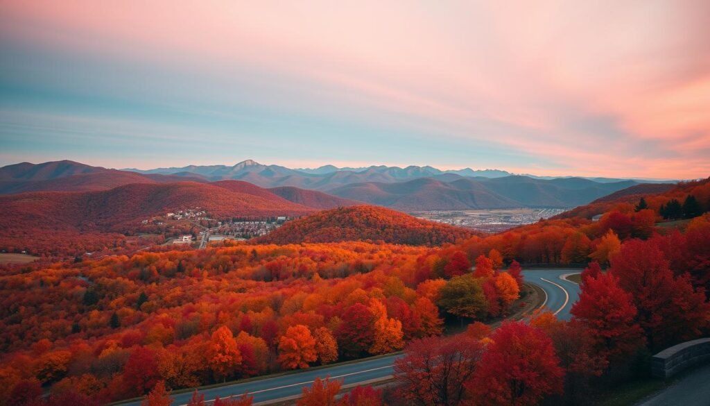 A breathtaking vista of the Blue Ridge Parkway in autumn, with a sweeping panorama of rolling hills draped in a tapestry of fiery foliage. In the foreground, a winding road snakes through vibrant reds, oranges, and golds, inviting the viewer to embark on a scenic journey. The middle ground features a picturesque mountain town nestled among the peaks, its charming buildings and streets bathed in the warm glow of the setting sun. In the distance, the iconic Blue Ridge Mountains rise majestically, their silhouettes etched against a sky painted in hues of pink and lavender. The scene is captured with a wide-angle lens, creating a sense of grand, cinematic scale, and the lighting is soft and diffused, evoking a serene, magical atmosphere.
