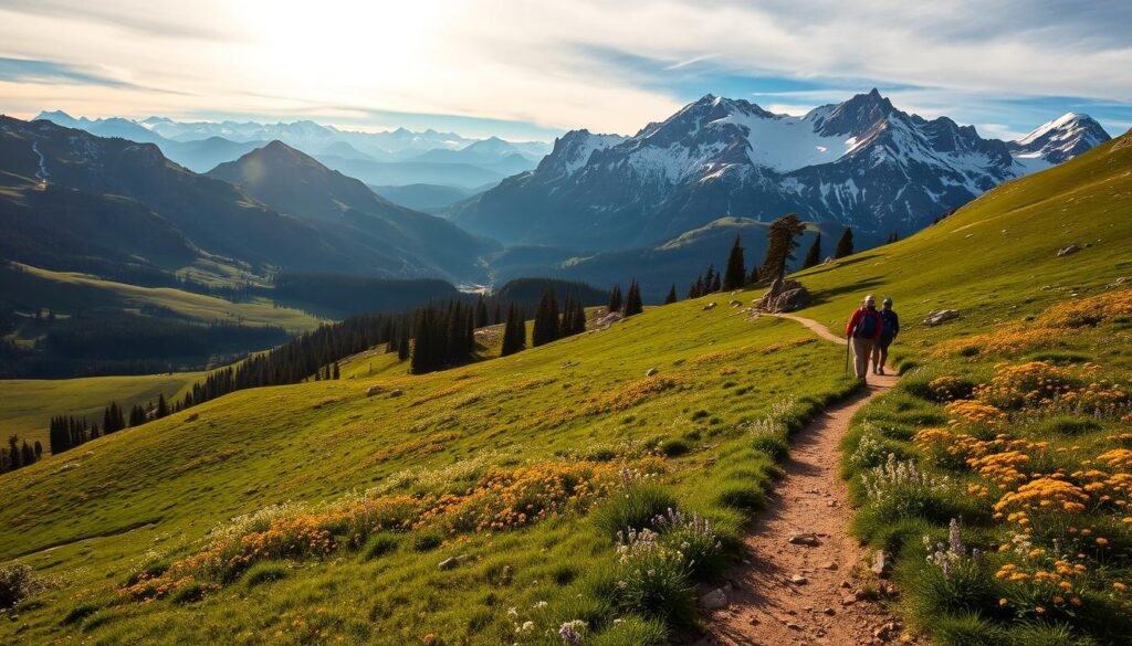 A breathtaking vista of the Bridger Mountains, with the sun casting a warm glow over the rugged, snow-capped peaks in the distance. In the foreground, a winding trail meanders through a lush, verdant meadow, dotted with vibrant wildflowers. Hikers can be seen making their way through the serene landscape, taking in the sweeping vistas and fresh mountain air. The image is captured with a wide-angle lens, highlighting the grandeur and scale of the natural surroundings. The overall mood is one of tranquility and awe-inspiring beauty, perfectly capturing the essence of outdoor adventure in the heart of Bozeman, Montana. A breathtaking vista of the Bridger Mountains, with the sun casting a warm glow over the rugged, snow-capped peaks in the distance. In the foreground, a winding trail meanders through a lush, verdant meadow, dotted with vibrant wildflowers. Hikers can be seen making their way through the serene landscape, taking in the sweeping vistas and fresh mountain air. The image is captured with a wide-angle lens, highlighting the grandeur and scale of the natural surroundings. The overall mood is one of tranquility and awe-inspiring beauty, perfectly capturing the essence of outdoor adventure in the heart of Bozeman, Montana.
