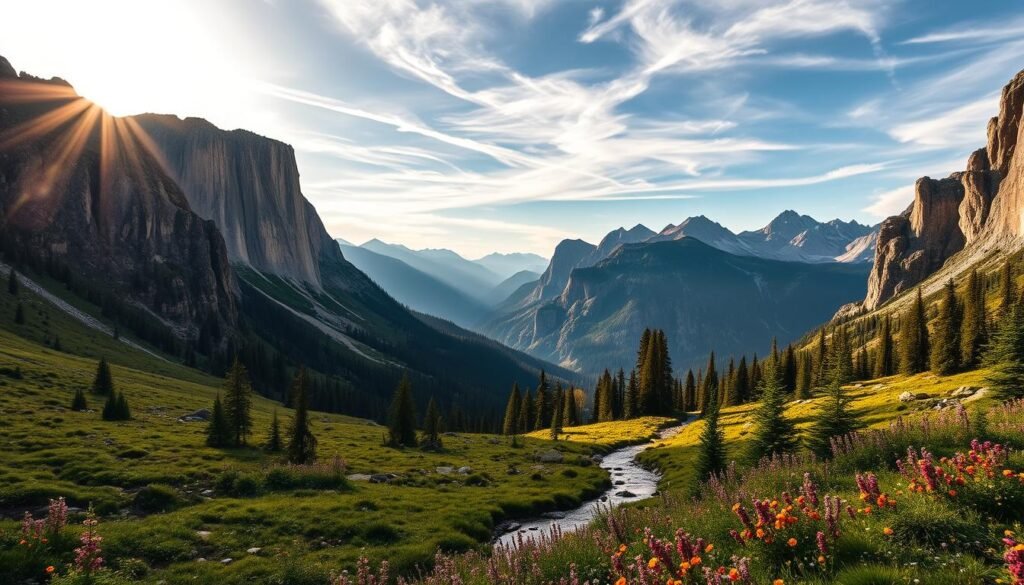 A breathtaking vista of the Cascade Mountains, their majestic peaks piercing the sky. In the foreground, a lush alpine meadow, dotted with vibrant wildflowers. A crystal-clear mountain stream winds its way through the valley, reflecting the surrounding peaks and trees. The sunlight filters through wispy clouds, casting a warm, golden glow over the scene. In the distance, rugged granite cliffs rise up, their jagged edges framing the panoramic view. The overall mood is one of serene, awe-inspiring beauty, capturing the essence of the iconic Leavenworth landscape.