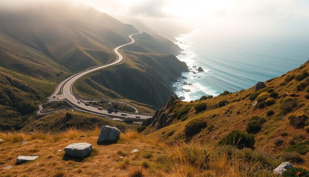 A breathtaking vista of the rugged Pacific Coast Highway winding through the majestic Big Sur landscape. In the foreground, a picturesque coastal overlook with a grassy knoll and scattered boulders. In the middle ground, the iconic highway cuts through towering cliffs, dotted with lush greenery and vibrant wildflowers. In the distance, the cerulean Pacific Ocean crashes against the rocky shoreline, framed by the dramatic, fog-shrouded Santa Lucia Mountains. The scene is bathed in warm, golden sunlight, casting a serene, tranquil mood over the entire tableau. Capture this quintessential West Coast road trip experience in a wide-angle, panoramic composition that showcases the awe-inspiring natural beauty of this legendary California destination.