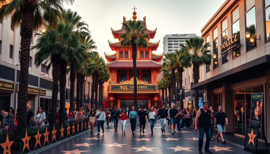 A bustling Hollywood Walk of Fame, bathed in warm evening light. In the foreground, the iconic sidewalk dotted with gleaming brass stars, honoring legendary performers. Towering palm trees line the middle ground, framing the famous TCL Chinese Theatre with its ornate, pagoda-style architecture. In the background, the Dolby Theatre looms, home to the prestigious Academy Awards. Pedestrians stroll leisurely, pausing to admire the handprints and footprints of silver screen icons embedded in the courtyard. An energetic, cinematic atmosphere pervades the scene, capturing the essence of Hollywood as a global hub of entertainment and celebrity.