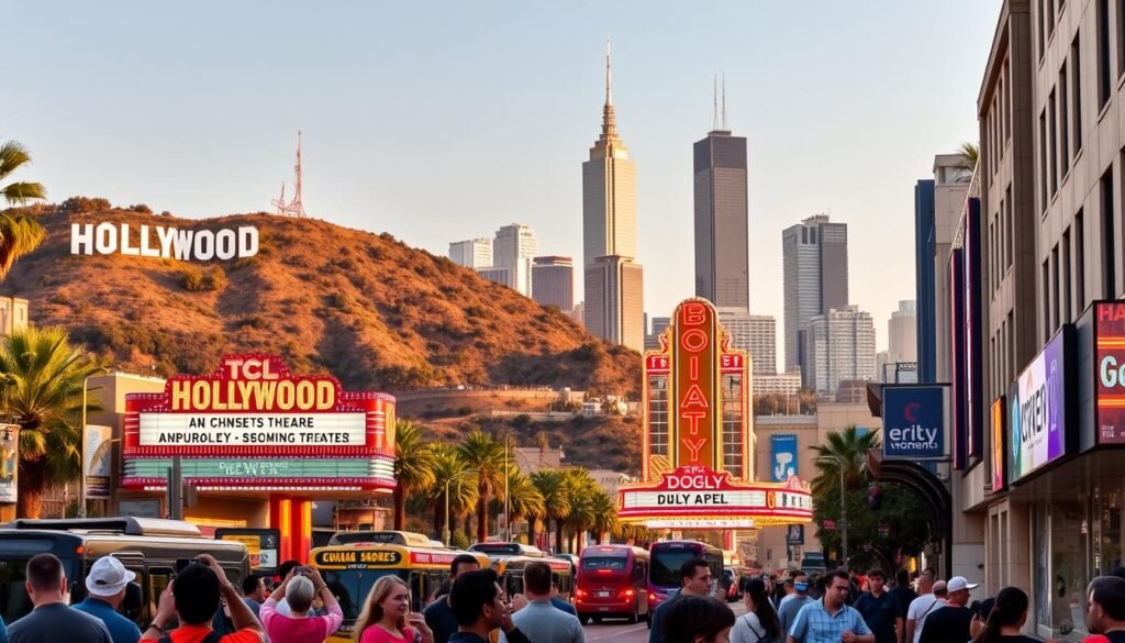 A bustling Hollywood boulevard, lined with iconic landmarks and celebrity-studted tour buses. In the foreground, a group of tourists snap photos of the famous Hollywood sign, perched atop the surrounding hills. In the middle ground, the iconic neon-lit marquees of the TCL Chinese Theatre and Dolby Theatre command attention, their retro charm illuminating the scene. In the background, the towering skyscrapers of downtown Los Angeles pierce the sky, creating a dramatic urban skyline. The scene is bathed in warm, golden light, capturing the vibrant energy and cinematic glamour of this legendary neighborhood.