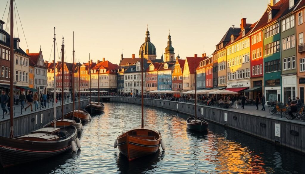 A bustling Nyhavn canal in Copenhagen, Denmark, with its charming 17th and 18th-century colorful townhouses lining the picturesque waterway. In the foreground, traditional wooden sailboats and kayaks gently float on the calm, reflective surface of the canal. The middle ground features pedestrians strolling along the cobbled quayside, taking in the lively atmosphere of cafes, bars, and restaurants. In the background, the spires and domes of historic buildings, including the iconic Christiansborg Palace, create a stunning skyline. The scene is bathed in warm, golden sunlight, casting long shadows and highlighting the vibrant hues of the architecture. An atmosphere of quaint, old-world charm and modern Scandinavian style permeates the entire composition.