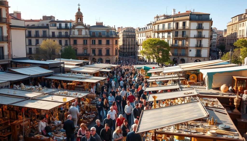 A bustling Sunday flea market at El Rastro in Madrid, Spain. In the foreground, a lively array of stalls brimming with antiques, vintage trinkets, and handcrafted goods. Middle-ground filled with a crowd of eager shoppers exploring the winding maze of vendors. In the background, the historic buildings and cobblestone streets of the neighborhood, bathed in the warm, golden light of the midday sun. The atmosphere is vibrant, with a sense of discovery and treasure-hunting as visitors hunt for unique finds. Captured with a wide-angle lens to convey the energy and scale of this beloved weekly market. A bustling Sunday flea market at El Rastro in Madrid, Spain. In the foreground, a lively array of stalls brimming with antiques, vintage trinkets, and handcrafted goods. Middle-ground filled with a crowd of eager shoppers exploring the winding maze of vendors. In the background, the historic buildings and cobblestone streets of the neighborhood, bathed in the warm, golden light of the midday sun. The atmosphere is vibrant, with a sense of discovery and treasure-hunting as visitors hunt for unique finds. Captured with a wide-angle lens to convey the energy and scale of this beloved weekly market.
