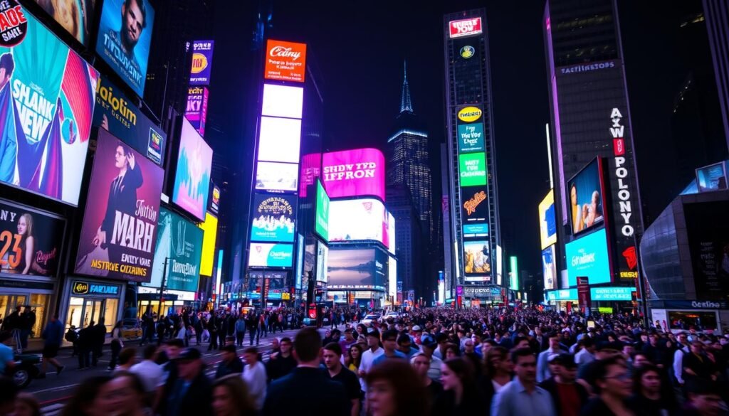 A bustling Times Square at night, neon lights casting a vibrant glow on the towering skyscrapers. In the foreground, a sea of pedestrians navigating the iconic intersection, their movements captured in a blur of motion. The middle ground features the illuminated billboards and screens that make this place a true visual spectacle, their messages flashing and changing with hypnotic intensity. In the background, the skyline of New York City rises, a symphony of architectural marvels silhouetted against the dark sky. The overall atmosphere is one of energy, excitement, and a sense of being at the heart of a dynamic, ever-changing urban landscape. A bustling Times Square at night, neon lights casting a vibrant glow on the towering skyscrapers. In the foreground, a sea of pedestrians navigating the iconic intersection, their movements captured in a blur of motion. The middle ground features the illuminated billboards and screens that make this place a true visual spectacle, their messages flashing and changing with hypnotic intensity. In the background, the skyline of New York City rises, a symphony of architectural marvels silhouetted against the dark sky. The overall atmosphere is one of energy, excitement, and a sense of being at the heart of a dynamic, ever-changing urban landscape.