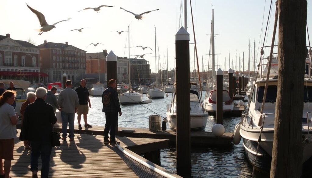 A bustling city dock, bathed in warm afternoon sunlight, comes alive with the gentle rocking of boats tied to sturdy wooden piers. In the foreground, a group of people pause to watch the tranquil scene, their silhouettes casting long shadows on the weathered planks. Seagulls soar overhead, their cries punctuating the soft lapping of waves against the hulls. In the middle ground, an array of sailboats and motorboats sway peacefully, their hulls reflecting the rippling water. Framed by the historic buildings of Annapolis, the dock offers a serene respite from the city's hustle and bustle, inviting visitors to linger and soak in the charm of this classic East Coast harbor. A bustling city dock, bathed in warm afternoon sunlight, comes alive with the gentle rocking of boats tied to sturdy wooden piers. In the foreground, a group of people pause to watch the tranquil scene, their silhouettes casting long shadows on the weathered planks. Seagulls soar overhead, their cries punctuating the soft lapping of waves against the hulls. In the middle ground, an array of sailboats and motorboats sway peacefully, their hulls reflecting the rippling water. Framed by the historic buildings of Annapolis, the dock offers a serene respite from the city's hustle and bustle, inviting visitors to linger and soak in the charm of this classic East Coast harbor.