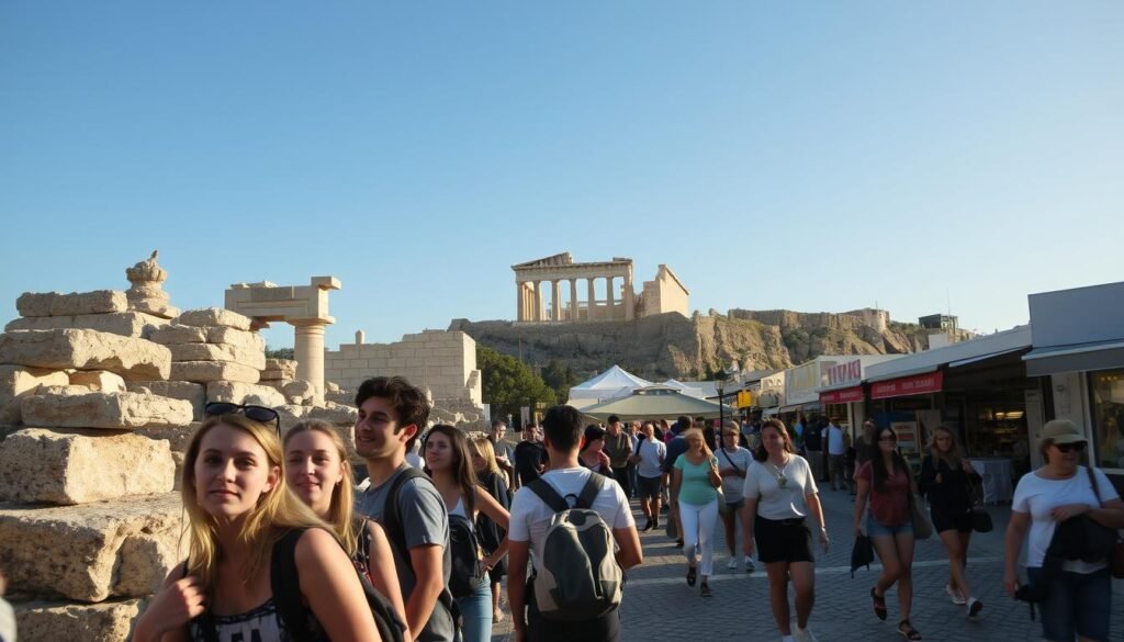 A bustling city scene in Athens, Greece, captured in the warm afternoon light. In the foreground, a group of teenagers explore ancient ruins, their faces alight with wonder as they peer into the crumbling structures. In the middle ground, families stroll along the cobblestone streets, stopping to admire the vibrant street vendors and lively cafes. In the background, the iconic Acropolis stands tall, its timeless silhouette framed by a cloudless azure sky. The atmosphere is one of discovery and delight, inviting visitors of all ages to immerse themselves in the rich history and culture of this captivating city. A bustling city scene in Athens, Greece, captured in the warm afternoon light. In the foreground, a group of teenagers explore ancient ruins, their faces alight with wonder as they peer into the crumbling structures. In the middle ground, families stroll along the cobblestone streets, stopping to admire the vibrant street vendors and lively cafes. In the background, the iconic Acropolis stands tall, its timeless silhouette framed by a cloudless azure sky. The atmosphere is one of discovery and delight, inviting visitors of all ages to immerse themselves in the rich history and culture of this captivating city.