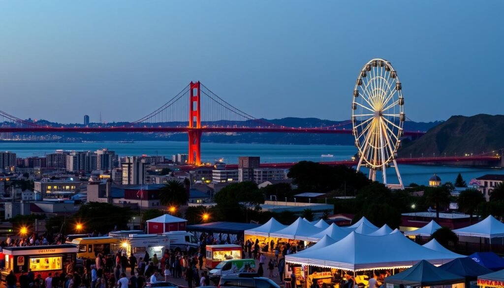 A bustling city skyline at dusk, with the iconic Golden Gate Bridge majestically spanning the bay. In the foreground, a lively outdoor event unfolds, with crowds of people milling about, food trucks, and colorful tents housing various vendors and entertainers. Warm lighting from stage spotlights and lanterns creates a festive atmosphere, while a towering Ferris wheel stands as a beacon in the distance. The scene is infused with a sense of energy and excitement, capturing the essence of big-event energy in San Francisco.