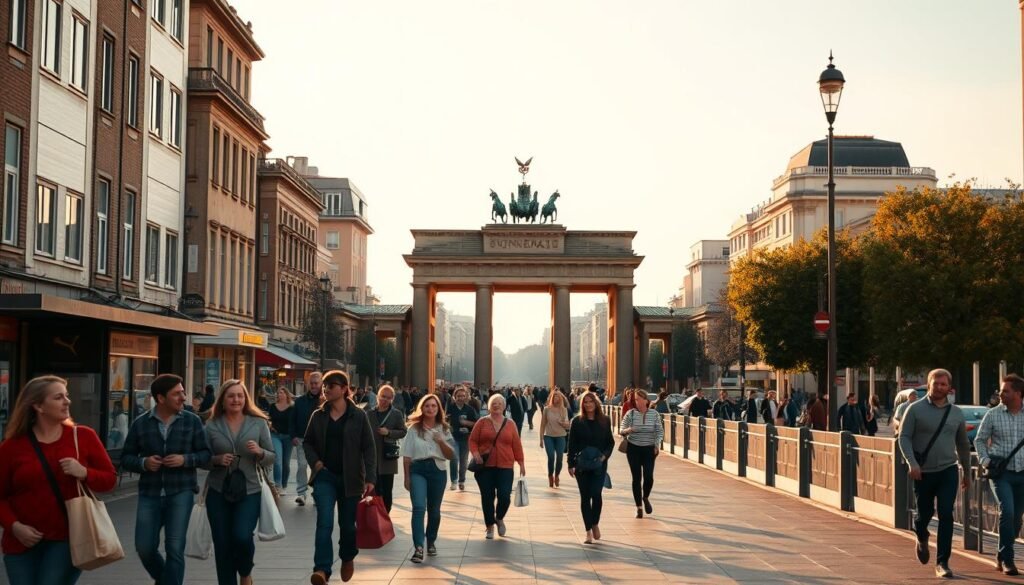 A bustling city street in Berlin, Germany, captured through the lens of a wide-angle camera. In the foreground, a group of locals stroll along the sidewalk, carrying shopping bags and chatting animatedly. The middle ground features a mix of historic buildings and modern architecture, their facades illuminated by warm, golden sunlight. In the background, the iconic silhouette of the Brandenburg Gate stands tall, its neoclassical design a testament to the city's rich cultural heritage. The scene exudes a sense of vibrant energy and a first-timer's eager anticipation, inviting the viewer to explore the sights, sounds, and hidden gems that make Berlin a truly remarkable destination.