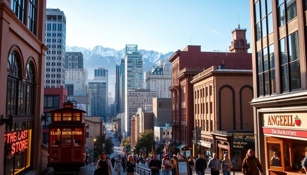 A bustling cityscape of downtown Los Angeles, bathed in warm, golden-hour sunlight. In the foreground, the iconic Angels Flight funicular railway climbs the steep hill, its red cars gliding up the narrow track. Pedestrians stroll along the sidewalk, past the ornate windows and neon signs of The Last Bookstore, an independent bookshop housed in a grand, historic building. The middle ground features a mix of modern skyscrapers and vintage architecture, their reflections shimmering in the clean, urban landscape. In the background, the snow-capped peaks of the San Gabriel Mountains rise majestically, framing the dynamic, vibrant scene. An atmosphere of exploration and discovery pervades the image, inviting the viewer to immerse themselves in the charm and character of DTLA. A bustling cityscape of downtown Los Angeles, bathed in warm, golden-hour sunlight. In the foreground, the iconic Angels Flight funicular railway climbs the steep hill, its red cars gliding up the narrow track. Pedestrians stroll along the sidewalk, past the ornate windows and neon signs of The Last Bookstore, an independent bookshop housed in a grand, historic building. The middle ground features a mix of modern skyscrapers and vintage architecture, their reflections shimmering in the clean, urban landscape. In the background, the snow-capped peaks of the San Gabriel Mountains rise majestically, framing the dynamic, vibrant scene. An atmosphere of exploration and discovery pervades the image, inviting the viewer to immerse themselves in the charm and character of DTLA.