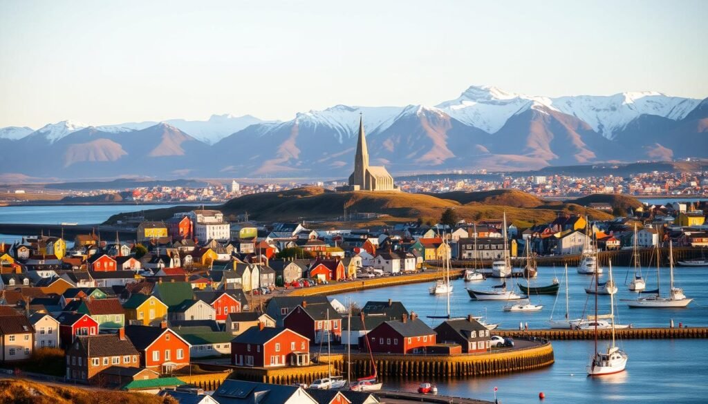 A bustling coastal city nestled against dramatic volcanic landscapes, Reykjavik highlights the vibrant culture and natural beauty of Iceland. In the foreground, colorful houses line the harbor, their tin roofs gleaming in the soft, golden light. Fishing boats and yachts dot the calm waters, reflecting the city's maritime heritage. In the middle ground, the iconic Hallgrimskirkja church towers over the cityscape, its striking modernist architecture a testament to Icelandic design. In the background, the rugged Esjan mountains rise majestically, their snow-capped peaks framing the scene. The overall mood is one of serene tranquility, infused with a sense of adventure and exploration.