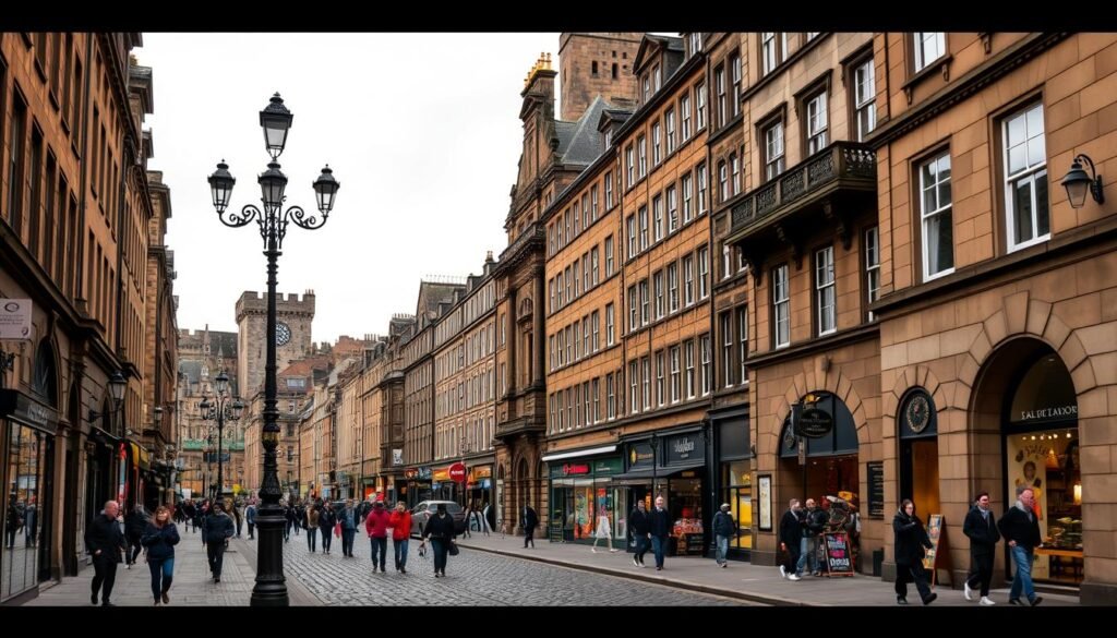 A bustling cobblestone street, the historic Royal Mile in Edinburgh, Scotland, stretches between the majestic Edinburgh Castle and the grand Palace of Holyroodhouse. Towering buildings with ornate facades line the thoroughfare, their warm sandstone glowing under the soft, overcast sky. Pedestrians meander along the wide sidewalks, taking in the charming shops, cafes, and street performers that bring this iconic urban promenade to life. Lampposts and ornate archways frame the scene, creating a timeless, picturesque atmosphere that evokes the city's regal heritage. The image should be captured with a wide-angle lens to showcase the full grandeur of this renowned Scottish landmark.