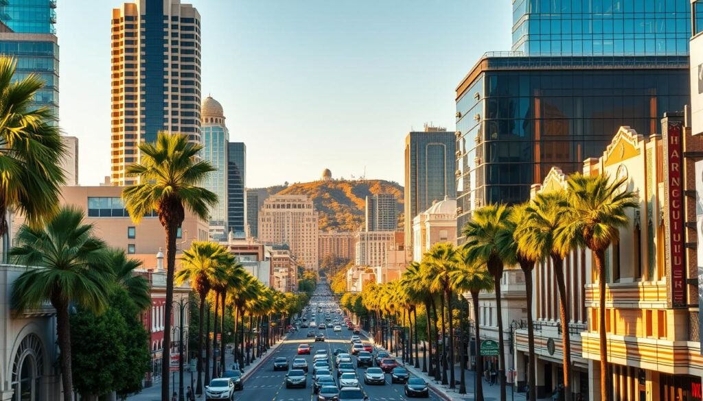 A bustling downtown cityscape, captured in a wide-angle lens that showcases the towering skyscrapers and historic landmarks of Los Angeles' DTLA. In the foreground, the iconic palm trees and art deco architecture of the city's core, bathed in the warm, golden glow of the afternoon sun. The middle ground features the bustling streets, with pedestrians and vehicles adding a sense of energy and movement. In the background, the distinctive silhouettes of the Griffith Observatory and the Hollywood Hills rise against a clear, azure sky. The scene conveys a vibrant, dynamic atmosphere, reflecting the diverse attractions and experiences that make DTLA a must-visit destination. A bustling downtown cityscape, captured in a wide-angle lens that showcases the towering skyscrapers and historic landmarks of Los Angeles' DTLA. In the foreground, the iconic palm trees and art deco architecture of the city's core, bathed in the warm, golden glow of the afternoon sun. The middle ground features the bustling streets, with pedestrians and vehicles adding a sense of energy and movement. In the background, the distinctive silhouettes of the Griffith Observatory and the Hollywood Hills rise against a clear, azure sky. The scene conveys a vibrant, dynamic atmosphere, reflecting the diverse attractions and experiences that make DTLA a must-visit destination.