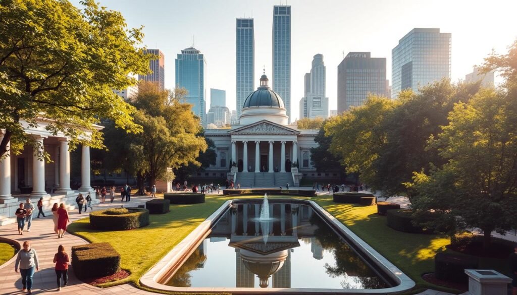 A bustling downtown park museum, bathed in warm afternoon sunlight filtering through lush, verdant trees. In the foreground, visitors stroll along winding paths, admiring the elegant neoclassical architecture of the museum's facade. The middle ground features a tranquil reflecting pool, its mirrored surface capturing the surrounding greenery and the majestic dome of the museum's central atrium. In the background, towering skyscrapers rise, creating a striking contrast between the historic and modern elements of the cityscape. The scene exudes a sense of cultural sophistication and leisure, inviting the viewer to explore the wealth of experiences this vibrant urban oasis has to offer.