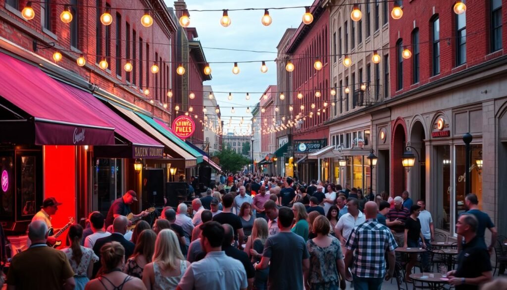 A bustling downtown scene, illuminated by the warm glow of string lights overhead. In the foreground, a lively crowd gathers around an outdoor stage, where a local band performs soulful live music. The stage is framed by the vibrant facades of nearby shops and restaurants, their colorful awnings and neon signs adding to the lively atmosphere. In the middle ground, people stroll along the sidewalks, some pausing to enjoy the music, others window-shopping or dining al fresco at cozy bistro tables. The background is filled with the architectural details of the historic buildings, their brick and stone facades conveying a sense of timeless charm. The overall mood is one of energy, community, and artistic expression, capturing the essence of a thriving downtown Gainesville.