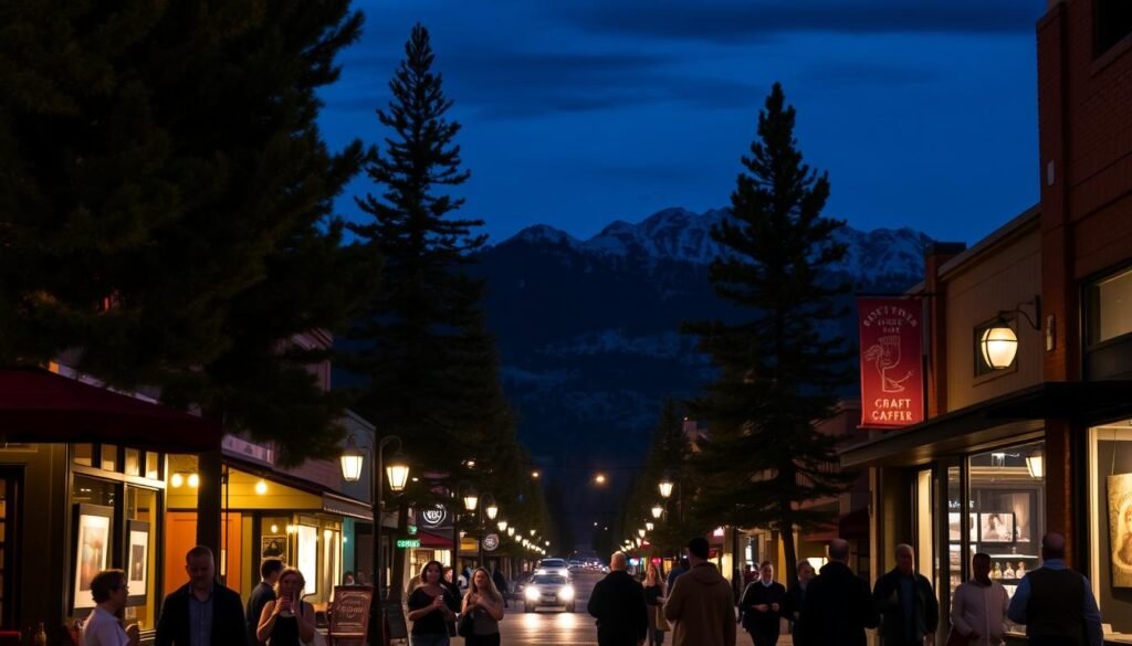 A bustling downtown street in Bend, Oregon at night. Warm lighting from cozy craft cocktail lounges and art galleries spills out onto the sidewalks, creating a lively and inviting atmosphere. In the foreground, people stroll leisurely, sipping drinks and admiring the works of local artists displayed in storefront windows. Towering pine trees and the silhouette of the Cascade mountains loom in the background, adding a sense of tranquility to the urban scene. The overall mood is one of relaxed sophistication, where the creative energy of the community comes alive under the cloak of darkness.