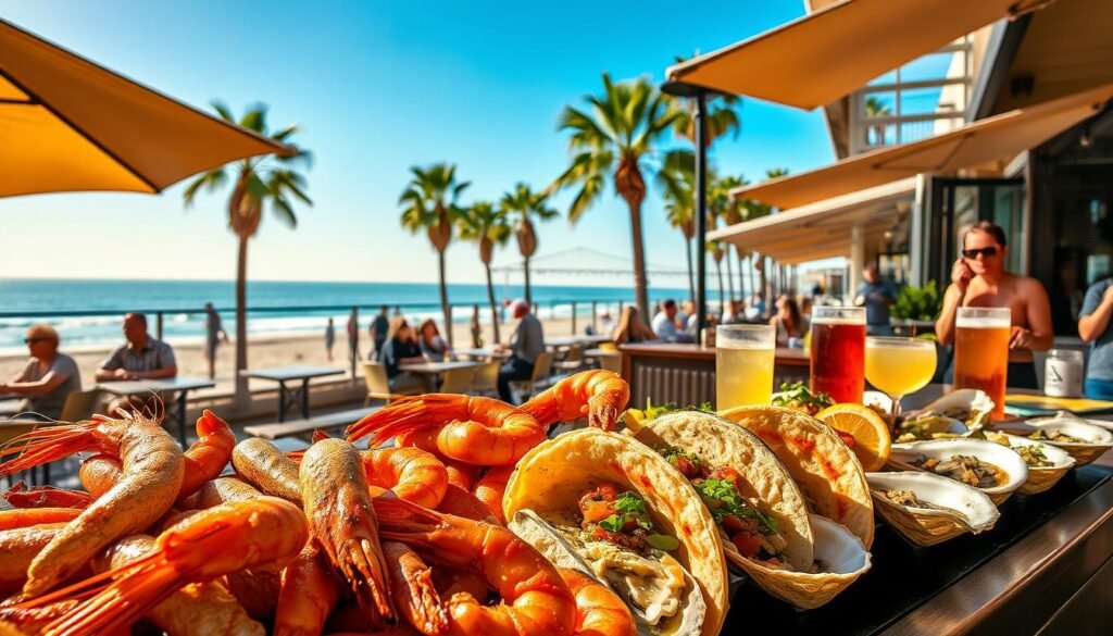 A bustling food scene in Long Beach, California, captured in a vibrant, sun-drenched scene. In the foreground, a display of fresh local seafood, including glistening shrimp, grilled fish tacos, and a platter of oysters on the half shell. In the middle ground, a lively outdoor cafe setting with patrons enjoying craft cocktails and artisanal coffee drinks. The background features a scenic view of the iconic Long Beach shoreline, with palm trees swaying in the ocean breeze. The lighting is warm and golden, creating a laid-back, coastal ambiance. Composition emphasizes the abundance of delicious culinary options available in this vibrant, seaside city.